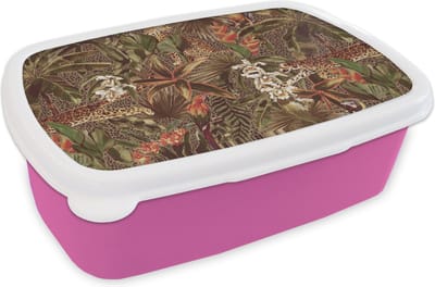 Broodtrommel Roze - Lunchbox - Brooddoos - Vintage - Natuur - Jungle - Patronen - 18x12x6 cm - Kinderen - Meisje