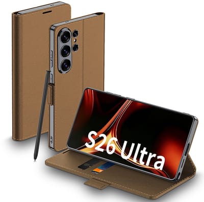 Casemania Hoesje Geschikt voor Samsung Galaxy S26 Ultra - Bruin - Slim Book Case met Pasjeshouder - Smart Dunne GSM Cover