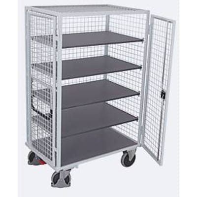 Kastwagen, staal/MDF-plaat, lichtgrijs/donkergrijs, 5 etages, 1045 x 685 mm, dak en dubbele vleugeldeur, afsluitbaar, EasySTOP, tot 500 kg