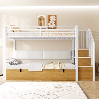 Stapelbed 90 x 200 cm - zachte rugleuning - met opbergruimte - veilige ladder - hoge relingstructuur - wit - zonder matras