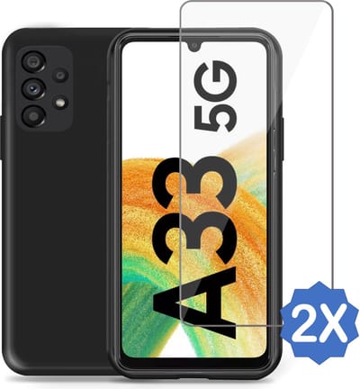Geschikt voor Samsung A33 5G Hoesje + 2x Screenprotector – Gehard Glas Cover - Suède Case Zwart