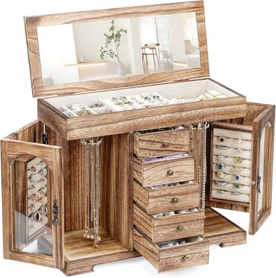 Grote Houten Sieradendoos met Spiegel voor Dames, 6 Lagen Organizer
