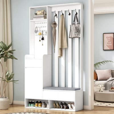 STILVORA Halkasten - Garderobeset Halmeubel Met 4 Open Schoenenrekken En Gevoerde Bank - 100x35x180 cm - MDF - Wit