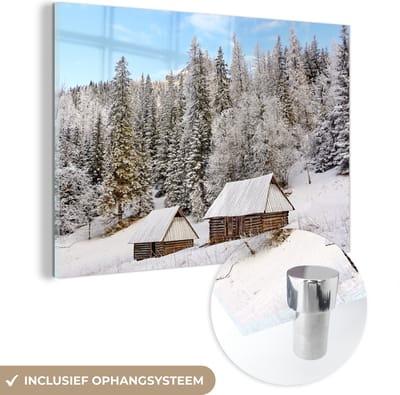 ® Glasschilderij 180x120 cm - Schilderij acrylglas - Houten hutten en dennen in het Nationaal park Tatra in Polen - Foto op glas - Muurdecoratie woonkamer - Wanddecoratie slaapkamer - Schilderijen