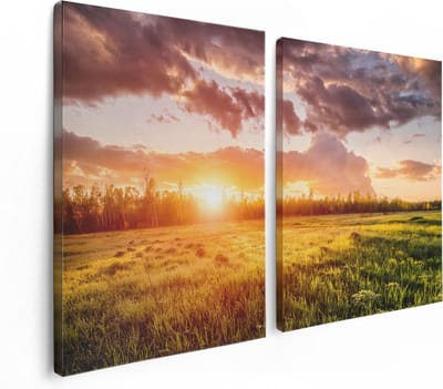 Artaza Canvas Schilderij Tweeluik Zonsopkomst In Het Veld - 120x80 - Foto Op Canvas - Canvas Print