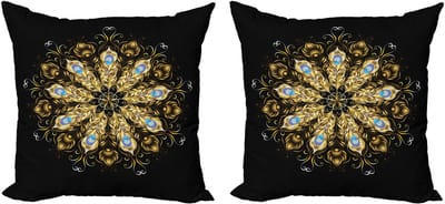 ABAKUHAUS Mandala Decoratieve Kussenhoes, Set van 2, Pauwenveren met Steen, Modern Accent Dubbelzijdige Digitale Print, 40x40 cm, Mosterdgrijs