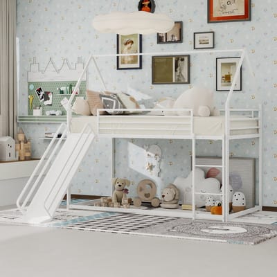 Stapelbedden - Twin Over Twin Kinderbed Met Glijbaan - Huisvormig Bedframe Met Ladder - Zwart (Geen Matras)