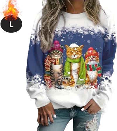 Bovista Kersttrui - Dames - Foute Kersttrui - Christmas Sweater - Kattenprint - Kerst Sweater - Christmas Jumper - Pyjama - Blauw - L