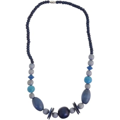 Behave – Ketting – Hout – Blauwe Grijze Kralen – 48 cm – Nikkelvrij