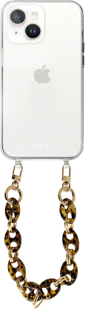 xoxo Wildhearts silicone case met koord - Transparant telefoonhoesje met koord - telefoonketting - Marble Brown - Kort koord - Cord Case - geschikt voor Apple iPhone 15 Plus hoesje - Ketting met marmere look - marmer - bruin