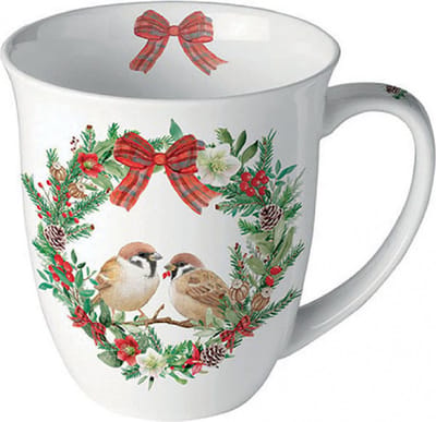 sparrows in wreath - mok - porselein - fine bone china - Ambiente - musjes in krans - kado - cadeau - winter - kerst - kerstkado