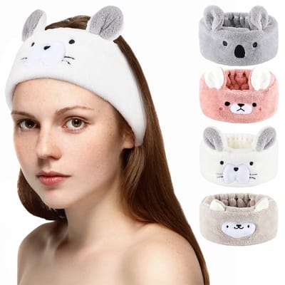 Set van 4 Make-up & Spa Hoofdbanden – Schattige Dierenhoofdbanden van Koraal Fleece met Pluche Oortjes voor Gezichtsreiniging, Douche en Cosmetica, voor Vrouwen en Meisjes