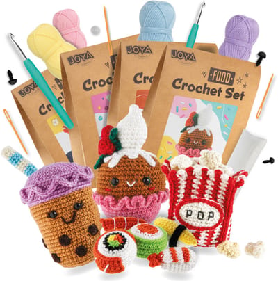 Haakpakket Food 4pcs – DIY Haakset voor Volwassenen – Inclusief ergonomische breinaalden – Popcorn, Bubble Tea, Sushi en Cupcake Amigurumi - Starters Set Voor Volwassenen - Joya Creative