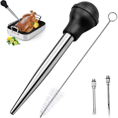 EXCITAT Kruidendruppelaar - Kruidenspuit - met reinigingsborstel - Metalen spuit - Herbruikbaar - voor koken, grillen