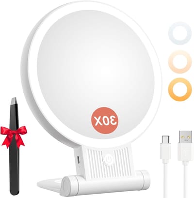 Cosmetische Make-up Spiegel met LED Verlichting, 30X/1X Vergrotende Handspiegel, Draagbare Vouwspiegel met 3 Instelbare Lichtkleuren en Oplaadbare Functionaliteit