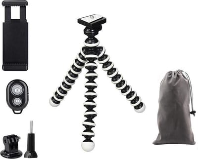 MOJOGEAR Flexibel mini-statief met extra flexibele poten KIT: met telefoonhouder, bluetooth remote, GoPro-adapter & opbergzakje - Tot 16 cm hoog - Zwart/Wit