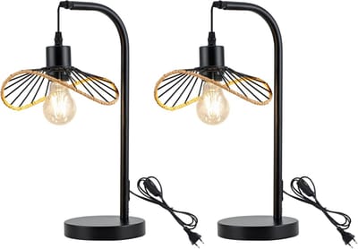 Glitzerlife - Tafellamp Tafellampen Nachtlampje - 2 Stuks Vintage retro design - E27 fitting - Bedlampje leeslamp met kabel - Metalen industriële lamp - Ø48 cm - Zwart