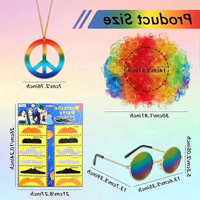Hippie Kostuum Set voor 60s & 70s Themafeest - Funky Afro Peruk, Zonnebril, Snor en Vredesteken Ketting, Perfect voor Disco en Retro Feestjes, Unisex Accessoires