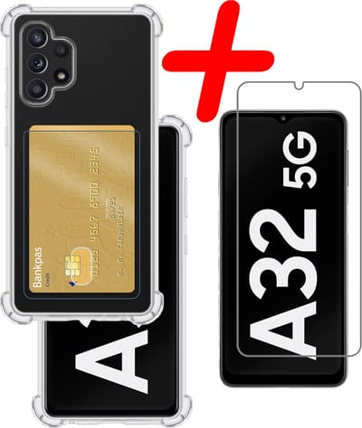 Hoesje Geschikt voor Samsung Galaxy A32 5G - Met Screenprotector - En Pashouder - En Kaarthouder - Telefoon Hoes Shockproof - Siliconen Case - Back Cover - Shock Proof - Pasjes Houder - Transparant