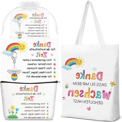 Bedankt Cadeau voor Leraren - Make-up Tas van Canvas met Engel Pendant en Kaart - Verjaardag of Afscheidscadeau voor Onderwijsprofessionals, Basisschool en Kleuterschool