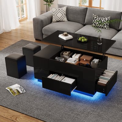 MODENUIT Salontafel - Hefbaar Met Led En 2 Laden - Voor Woonkamer - Zwart Spaanplaat - 100x50x45 Cm