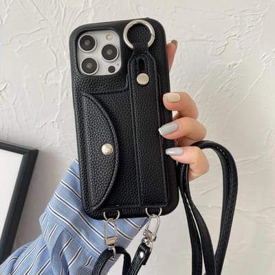 Crossbody Lanyard Polsband Hoes voor IPhone 13 12 Mini 15 14 11 Pro XS Max X XR 7 8 Plus Kaarthouder Portemonnee Leren Hoes For iPhone 15 Pro gray