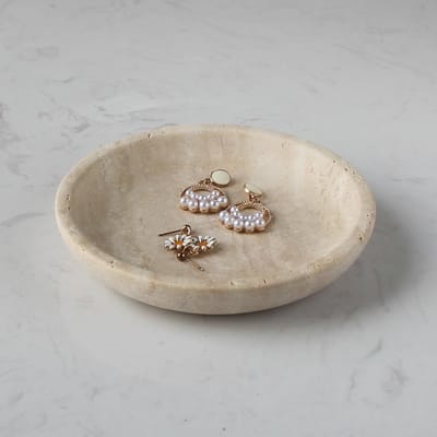 Beige Travertine Sieraden Schaal 14cm, Natuurlijke Marmer Tray voor Ringen en Oorbellen, Perfect Cadeau voor Vrouwen en Dochters