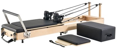 Pilates Reformer - Opvouwbaar Pilatesbed - Houten Frame - Dubbele Weerstand (Veren + Koord) - Inclusief Zitbox - Voor Thuis & Sportschool - Draagvermogen 181 kg