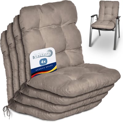 Beautissu Flair NL Stoelkussen Set 4x Lage Rugleuning 100x50x8 cm Taupe – Tuinstoelkussen