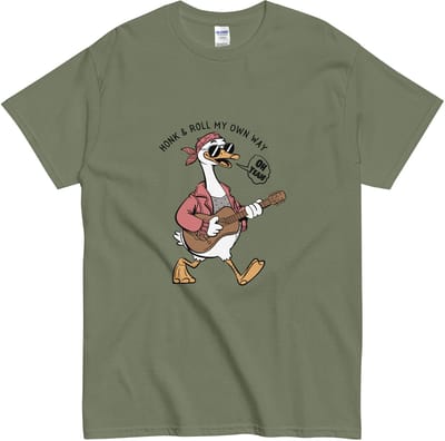 Go My Own Way T Shirt Dames Heren - Cartoon Gans Gitaar - Khaki Groen - S