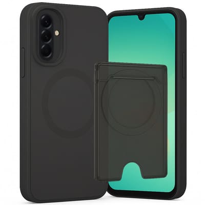 SnapSkin Hoesje & Pasjeshouder geschikt voor Samsung Galaxy A17 5G / A26 - Geschikt voor MagSafe Case - Magnetische Kaarthouder - Semi-Transparant Zwart