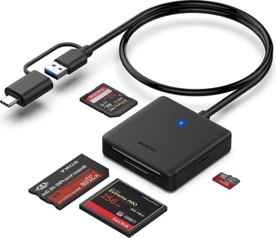 Benfei SD kaart lezer met USB-A 3.0/ USB-C Aansluiting - Geheugenkaart lezer voor MS Kaart, CF Kaart, SD Kaart & Micro SD Kaart