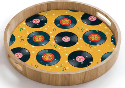 Dienblad rond 40x40 cm - Schootdienblad hout - Muziek - Patroon - Geel - Borrelplank rechthoek - Plateau houten dienbladen