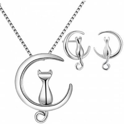 2-Delig Set-Kismo -ketting- oorbellen-steker-poes- zilver-Charme Bijoux