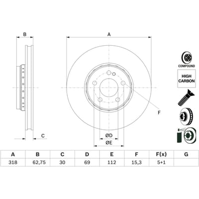 Remschijf BOSCH 0 986 479 G34 voorkant, geventileerd, sterk gecarboniseerd, 1 Stuk