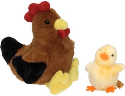 Pluche bruine kippen knuffel - 25 cm - met geel pluche kuiken 12 cm - Paas/pasen decoraties