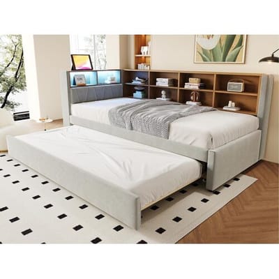 ModernLuxe Slaapbank 90x200 cm - Met uitschuifbaar bed 90x190 cm - met LED-verlichting - stopcontact - lichtgrijs (matras niet inbegrepen)