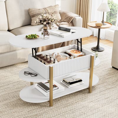 Moderne salontafel met liftfunctie - Woonkamertafel met veel opbergruimte - Hoogte 50-63 cm - Witte bijzettafel