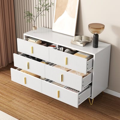 DESMIU Dressoir - Modern Opbergmeubel Met 6 Laden - Voor Woonkamer Eetkamer En Slaapkamer - Spaanplaat - 120x40x77 Cm - Wit Goud
