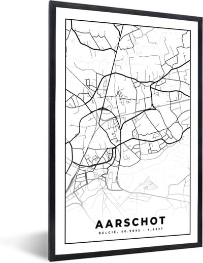 Fotolijst incl. Poster Zwart Wit- Stadskaart – Zwart Wit - Kaart – Aarschot – België – Plattegrond - 40x60 cm - Posterlijst