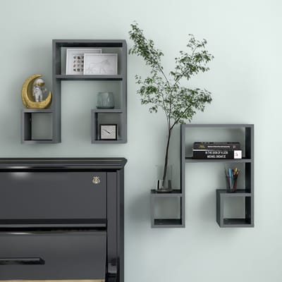 vidaXL - Wandschappen - 2 - st - 50x15x50 - cm - bewerkt - hout - hoogglans - grijs