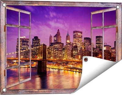 Gards Tuinposter Doorkijk Skyline New York van Centrum in het Paars - 60x40 cm - Tuindoek - Tuindecoratie - Wanddecoratie buiten - Tuinschilderij