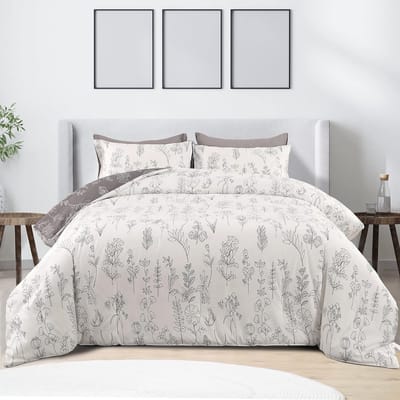 Dekbed 200 x 200 cm met hoes van microvezelvulling 220 GSM Zacht 4-seizoenen dekbedden met 2 kussenslopen Bedrukt plantenpatroon Omkeerbaar dekbed Wit en grijs