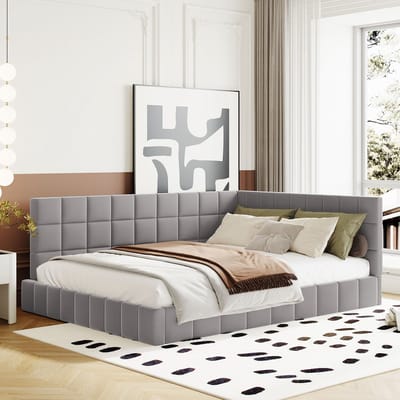 DESMIU Gestoffeerd Dagbed 140x200 cm – Mid Century Modern Design Met Rugleuning – Om Te Bouwen Tot Sofa – Met Lattenbodem – Fluweel – Grijs – Zonder Matras