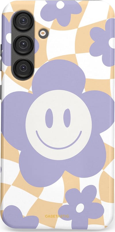Casetastic hoesje geschikt voor Samsung Galaxy S25 Plus - Dubbellaagse bescherming - Madeliefjes magie - Fashion Case - Lila Wit Zand Lichtgrijs
