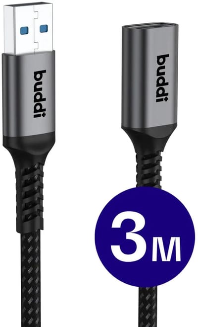 Buddi Flex | USB-A naar USB-A Verlengkabel | USB 3.0 | Female naar Male | Geschikt voor printers, telefoon, USB-sticks, harde schijven en meer | USB Verlengsnoer | Gevlochten Nylon | 3M | Zwart