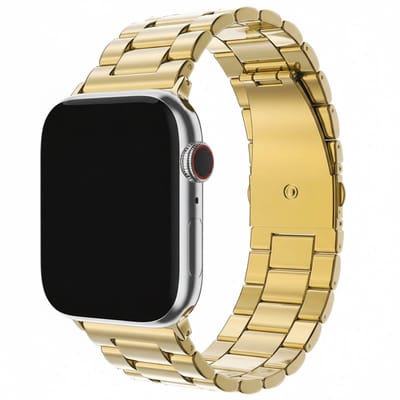 Stalen bandje - geschikt voor Apple Watch 1/2/3/4/5/6/7/8/9/10/11/ SE (1,2,3) met maat 38 mm / 40 mm / 41 mm en 42 mm (Watch 10/11) - schakelband met vlindersluiting - goud