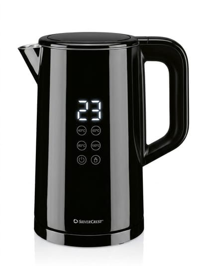 SILVERCREST® KITCHEN TOOLS Digitale waterkoker 1,5 L - Vermogen: 3000 W - Met touch-functie - Met LED-display voor temperatuurweergave - Snoerlengte: 75 cm - Kalkfilter - Zwart