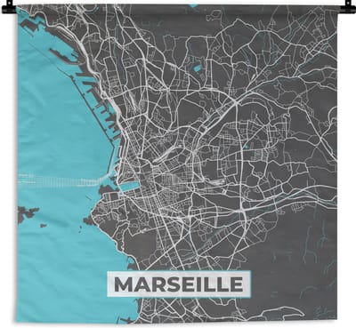 Wandkleed - Wanddoek - Marseille - Frankrijk - Kaart - Plattegrond - Stadskaart - 180x180 cm - Wandtapijt