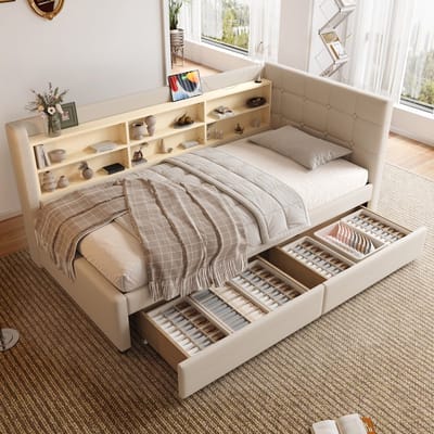 Sweiko Slaapbank - 90 x 200 cm - 2 lades - USB + Type-C - Opbergruimte - Beige